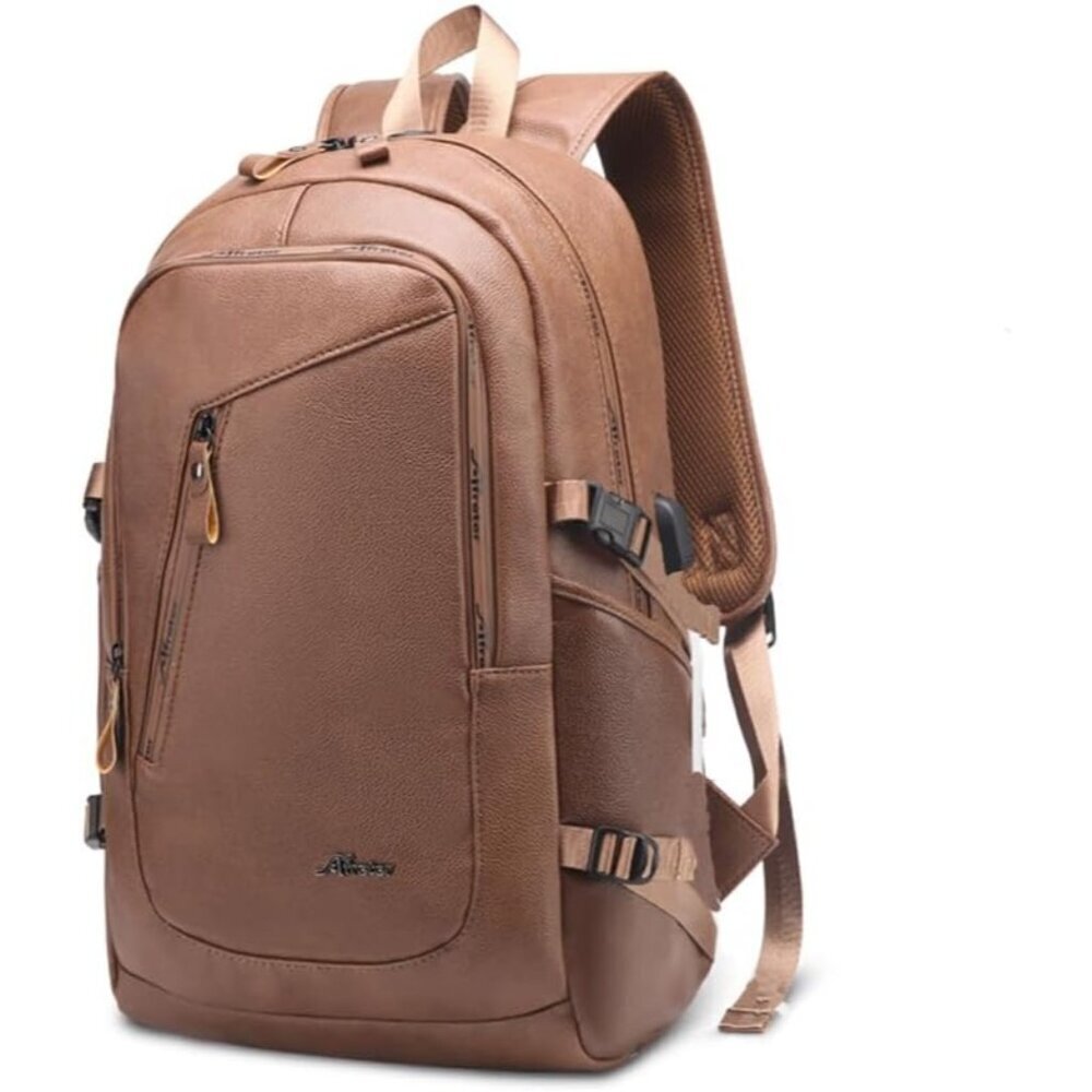 ✨DYJ Men Brown Vegan Leather Laptop Backpack Travel Daypacks with Port Laptop